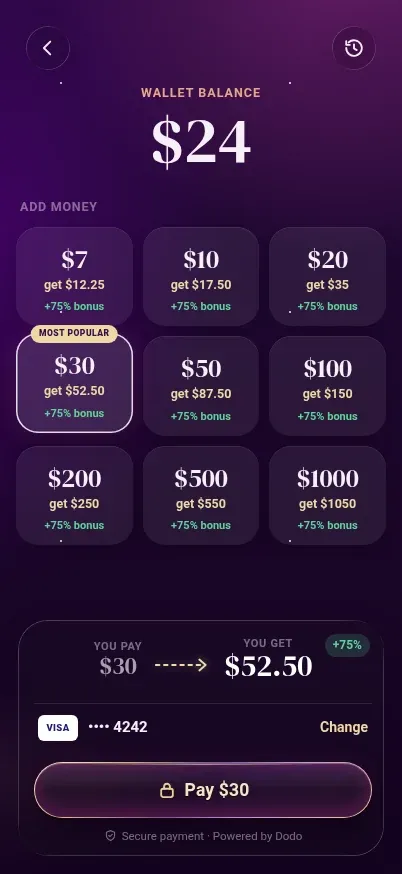 Omen wallet with top-up packs and bonus credit